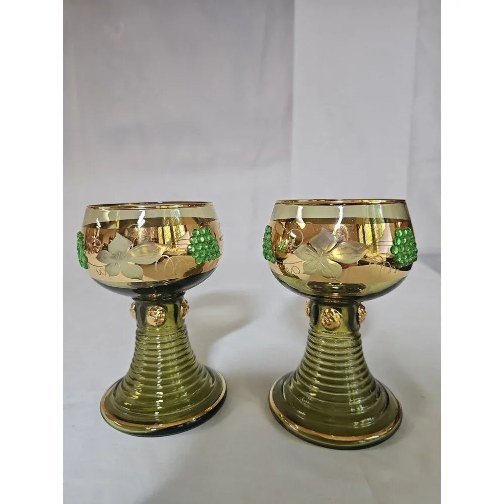 vintage german roemer Wiesbaden beehive gold green barware grapevine pattern